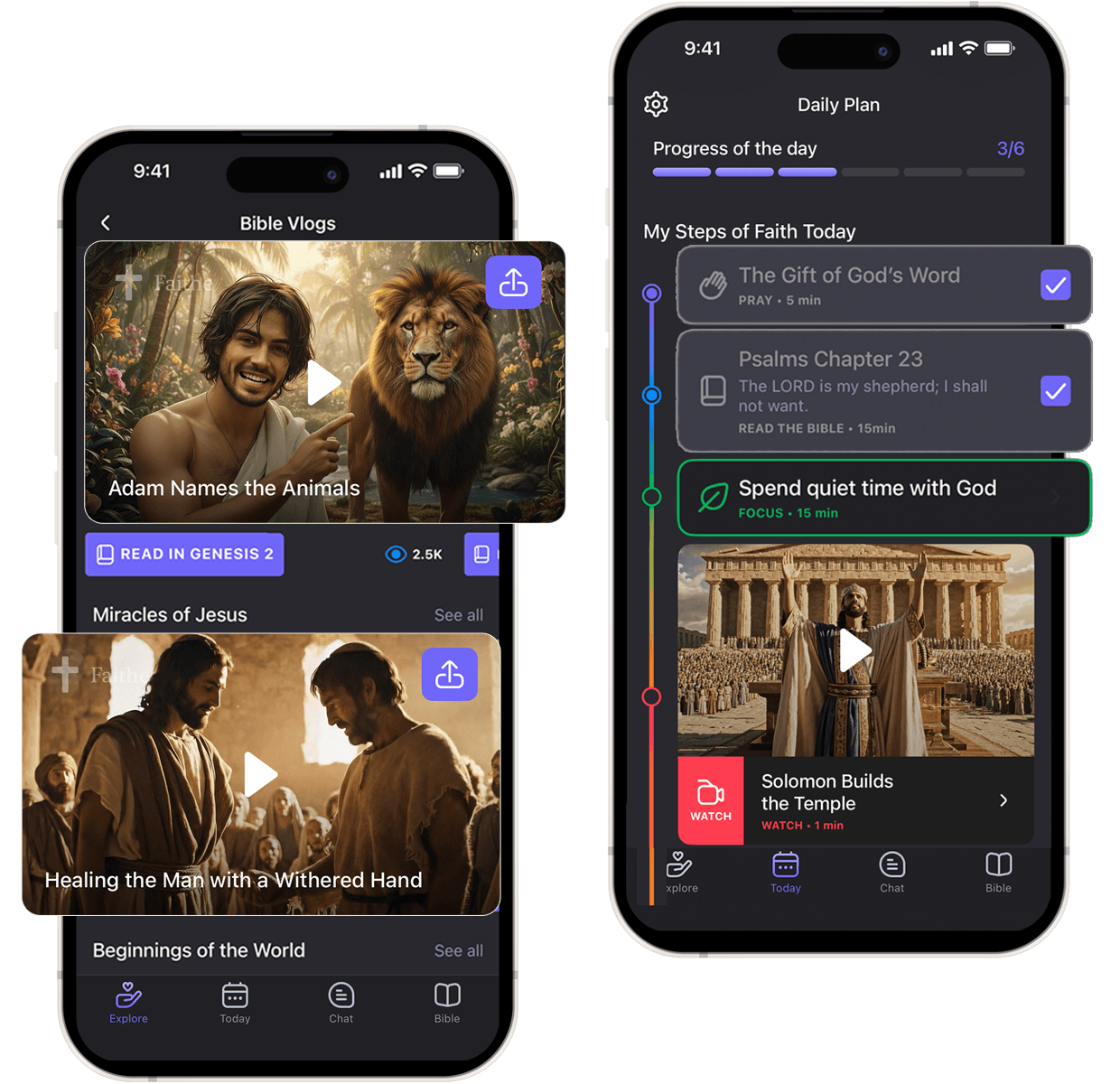 FAITHE app screens: Bible video library and a daily plan with progress steps