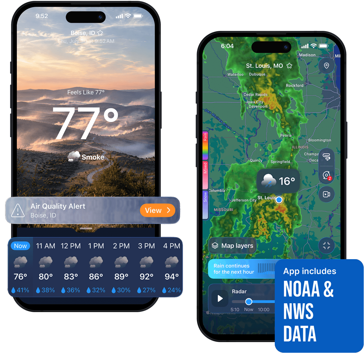 SKAI Weather app screens: current conditions with hourly forecast and a live radar map