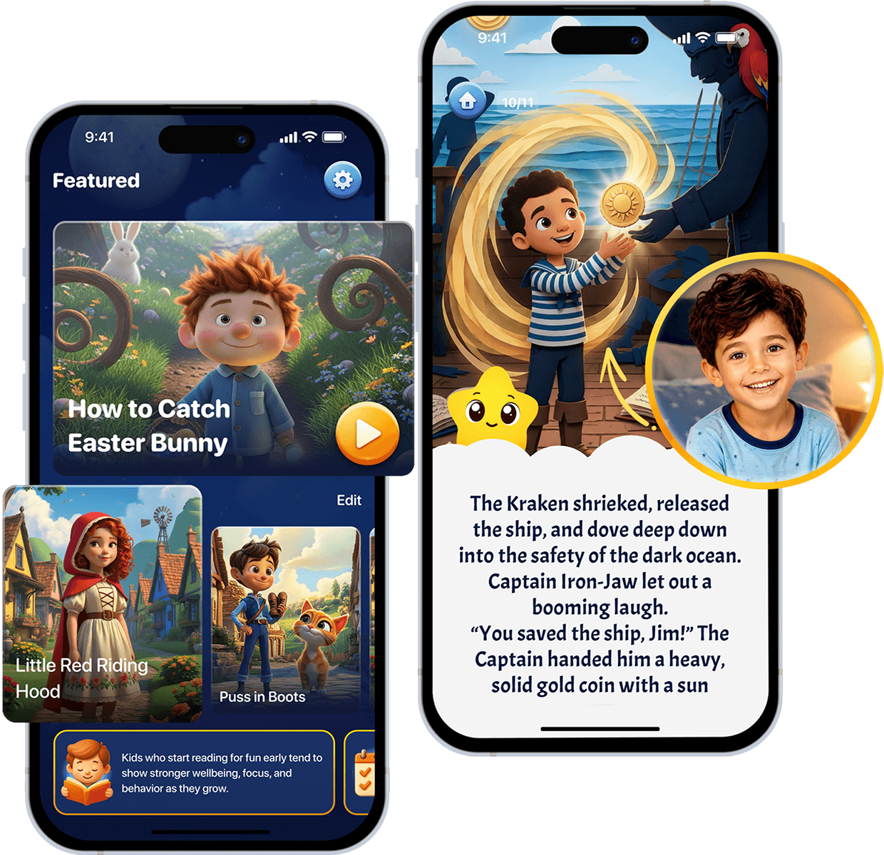 WunderKind app screens: a featured stories library and a personalized story page